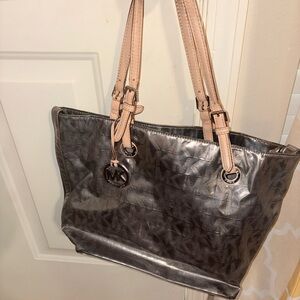 Michael Kors Metallic Gray Tote with Pink Handles